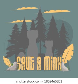 Save the mink banner. Mink, forest silhouette. Animal conservation concept. Vector.