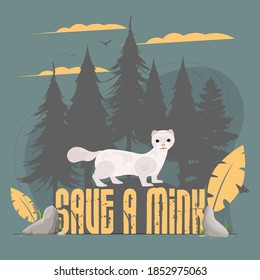 Save the mink banner. Mink, forest silhouette. Animal conservation concept. Vector.