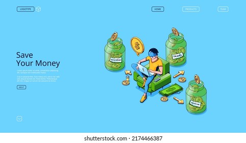 Save money banner with isometric glass jars with gold coins and man sitting in chair with laptop. Concept of savings for pension, education and travel, vector landing page