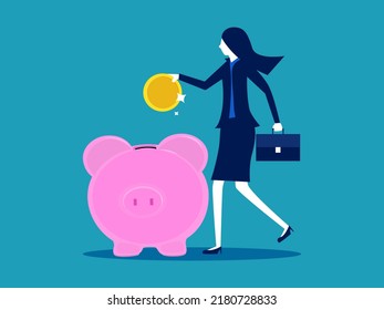 Save money. Businesswoman put money in a piggy bank. vector