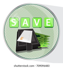 save money button concept. illustration. WALLET WITH MONEY AND PLASTIC CARD