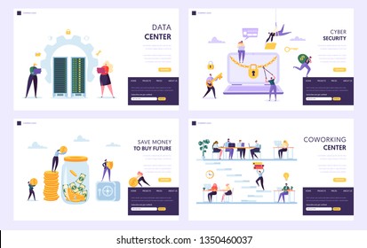 Save Money to Buy Future Landing Page Set. Data Center and Cyber Security Protect Private Information. Coworking Center Alternative Place for Work Website or Web Page. Flat Cartoon Vector Illustration