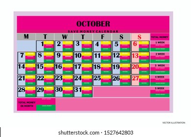  Save money calendar 2019. Design calendar month october 2019. Calendar for organization, business, family.  Year 2019 calendar. Vector illustration.