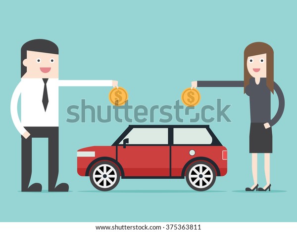 Save money for car asset property by\
businessman and woman Flat design for business financial marketing\
concept cartoon\
illustration.