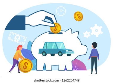 Save money for car concept. Small people stand near big piggy bank. Poster for social media, web page, banner, presentation. Flat design vector illustration