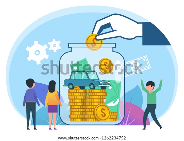 Save money\
for car concept. Small people stand near big bottle with money,\
coins, cash. Poster for social media, web page, banner,\
presentation. Flat design vector\
illustration