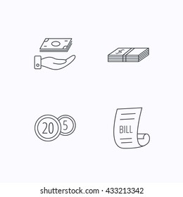 Save money, cash money and bill icons. Coins linear sign. Flat linear icons on white background. Vector