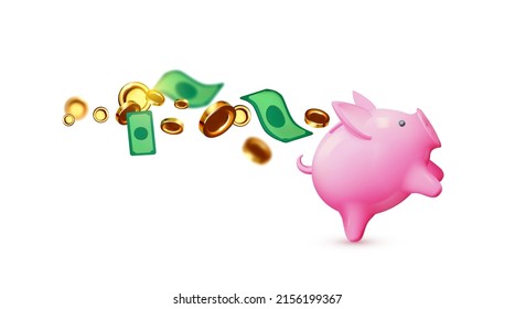 Save money concept. 3D cash, flying coins and dollar bills with piggy bank isolated on white. Banking concept