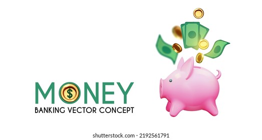 Save money concept. 3D cash, flying coins and dollar bills with piggy bank isolated on white. Banking concept