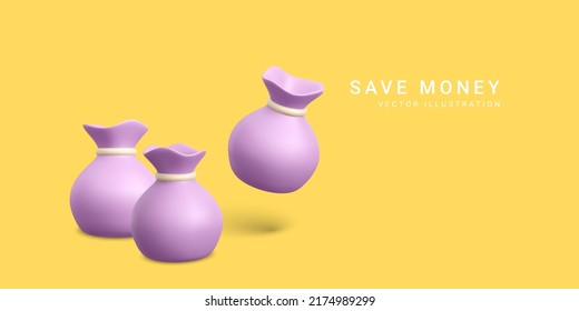 Save money concept. 3d realistic  money bags. Vector illustration