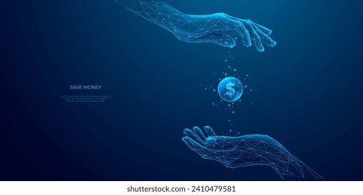 Save money concept. 3D woman hands holding one flight dollar coin. Finance vector illustration on technology blue background. Cashback and finance metaphor. Low poly wireframe. Banking and economy.