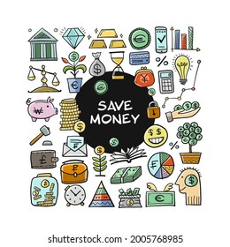 Ahorra Dinero. Banca y moneda. Guardar monedas, fondo de inversión para su diseño