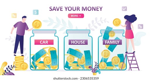 Save money, concept banner. Three glass jars with gold coins and banknotes. Savings for house, family and car. Savings, family budget economy, finance. Love couple insert money in glass jars. vecto