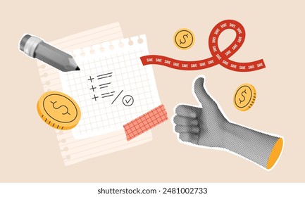 Save money concept with collage elements. Simple coins, halftone hand with thumb up gesture. Pencil counting of funds on note. Budget saving vector illustration. Well done finance job.