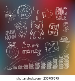 Save money concept with hand drawn doodle icons, pink piggy bank, sale coupons and golden coins on defocused colored background. Vector illustration.