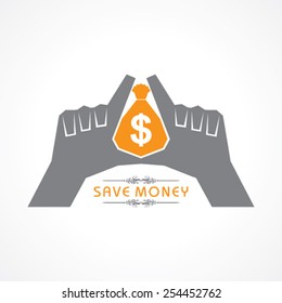 Save money concept - hands protecting bag of money vector illustration