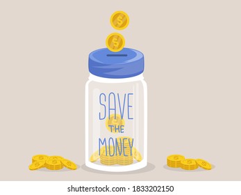 save money concept, Money Jar. Saving dollar coin in jar.