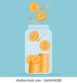 Save Money Concept. Saving Dollar Coin In Jar. Money Jar. Vector Illustration In Flat Style