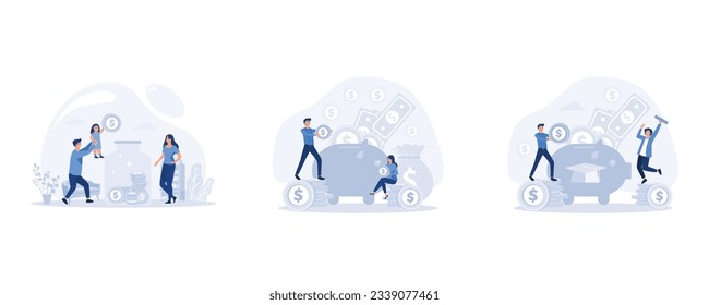 save money concept, Tiny people saving money in piggy bank, saving money for education, set flat vector modern illustration