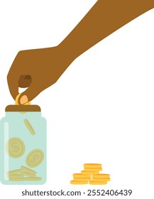 Ilustración vectorial de concepto Ahorra dinero. Mano femenina que pone la moneda en el tarro de cristal.