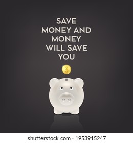 Ahorra Dinero. Vector Realista 3d Banco de Cerdo Retro Blanco con moneda Golden Shiny sobre fondo negro. Plantilla de diseño, cerdo de dinero. Concepto financiero, de ahorro. Cita, Frase Placard, Afiche, Cartel