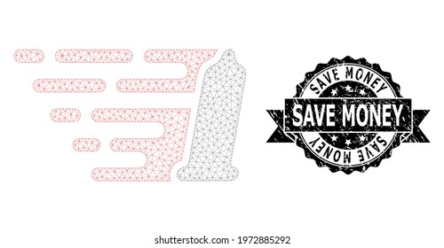 Save Money dirty stamp and vector preservative mesh model. Black stamp contains Save Money tag inside ribbon and rosette. Abstract 2d mesh preservative, created from flat mesh.