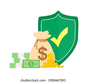 Save money dollar coins banknotes.The concept of cash protection with the image of the shield Concept of the site, page, presentation.vector illustration in the flat style on an isolated background.se