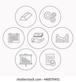 Save money, dynamics chart and statistics icons. Gold bar linear sign. Check file, calendar and cogwheel icons. Vector