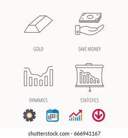 Save money, dynamics chart and statistics icons. Gold bar linear sign. Calendar, Graph chart and Cogwheel signs. Download colored web icon. Vector