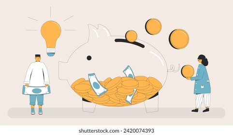 Save money foe business idea. Couple of young characters standing near glass piggybank with coins and banknotes. Moneybox. Investments instruments. Family budget. Vector flat line illustration.