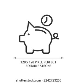 Save money for future pixel perfect linear icon. Retirement savings. Piggy bank with clock. Thin line illustration. Contour symbol. Vector outline drawing. Editable stroke. Arial font used