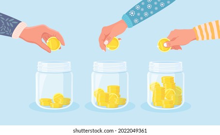 Save money in glass jar. Hand throw gold coins in moneybox. Saving deposits. Investment in retirement. Wealth, income concept. Cash falling in bottle. Vector illustration