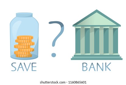 Save money or go to bank, making decision, comparing saving and getting loan, vector, illustration