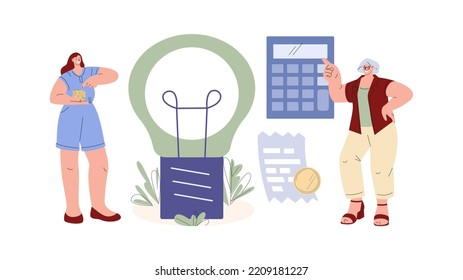 Save money with green energy. Alternative electricity, happy woman point to economy. Energetic concept, vector eco lamp bulb, coin calculator and bill