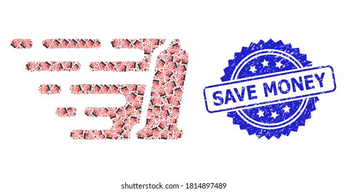 Save Money grunge stamp seal and vector recursion mosaic preservative. Blue stamp has Save Money tag inside rosette. Vector mosaic is made from random rotated preservative icons.