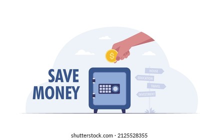 Ahorra dinero con la mano poner caja fuerte de metal. ilustración vectorial