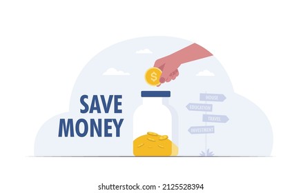 Save money hand put coin glass put. Growth, income, savings, investment. vector illustration