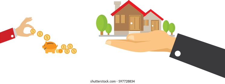  save money for home, Hand agent with home in palm. Offer of purchase house
