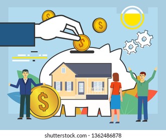 Save money for house, apartment. People stand near big piggy bank, cash, coins, savings. Poster for social media, web page, banner, presentation. Flat design vector illustration