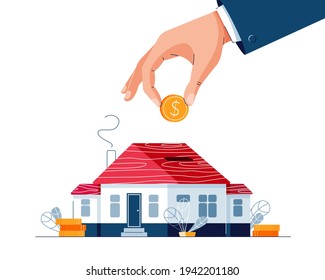 Save money for a house buying vector illustration. Businessman's hand puts the money into house piggy bank for saving money for property purchase. Real estate investment concept. Flat style