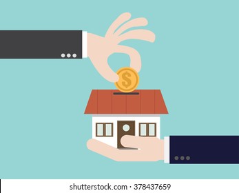 Save Money For House. Flat Design For Business Financial Marketing Banking Advertisement Office People Life Property Stock Fund In Minimal Concept Cartoon Illustration.