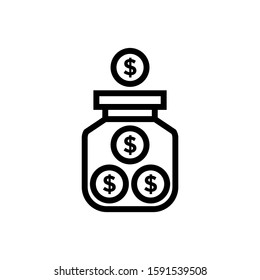 Save Money Icon, Coin Jar, Economy Symbol In Outline Style On White Background