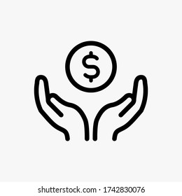 Icono de ahorro de dinero diseñado con un estilo de línea, símbolo de signo de dinero en mano, golpe modificable