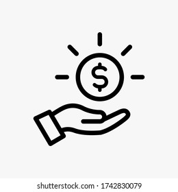 Icono de ahorro de dinero diseñado con un estilo de línea, símbolo de signo de dinero en mano, golpe modificable