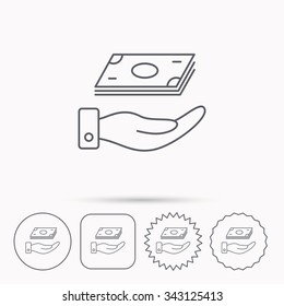 Save money icon. Hand with cash sign. Investment or savings symbol. Linear circle, square and star buttons with icons.