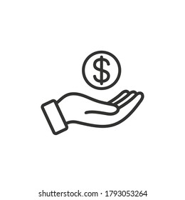 save money icon in line style, hand holding dollar isolated on white background, salary money, invest finance, hand holding dollar, money business concept,
