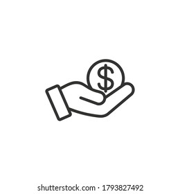 save money icon in line style, hand holding dollar isolated on white background, salary money, invest finance, hand holding dollar, money business concept,