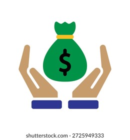Icono de Ahorra dinero. Un saco de dinero en ambas manos. Económico, negocio, banco. estilo de diseño plano.