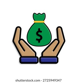 Sparen Sie Geld Symbol. Ein Sack Geld in beiden Händen. Wirtschaft, Geschäft, Bank. Isometrischer Designstil.
