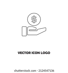 Save money icon, salary money, invest finance, hand holding dollar, line symbols on white background 